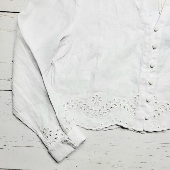 Guess Leyna Embroidered Eyelet Crop Linen Shirt White Scallop Hem Button Medium - Picture 6 of 10